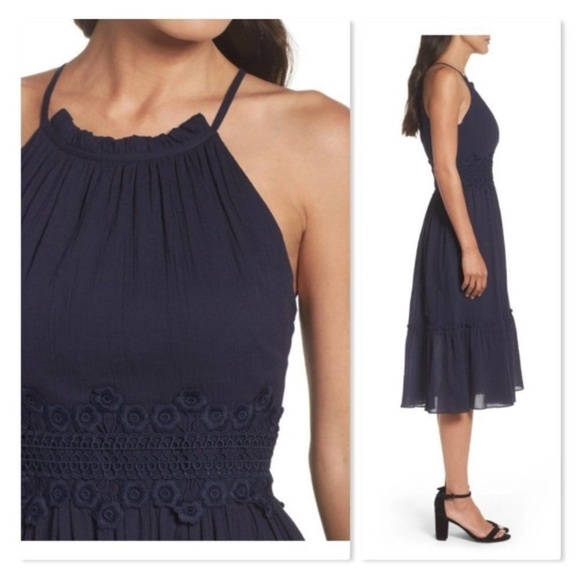 Eliza J Cotton-Gauze Fit & Flare Sundress Sz 14 Navy Vacation Nautical Romantic - Picture 14 of 16